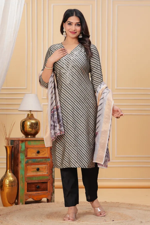 Elegant_Black_&_White_Striped_Kurta_Set_with_Floral_Dupatta