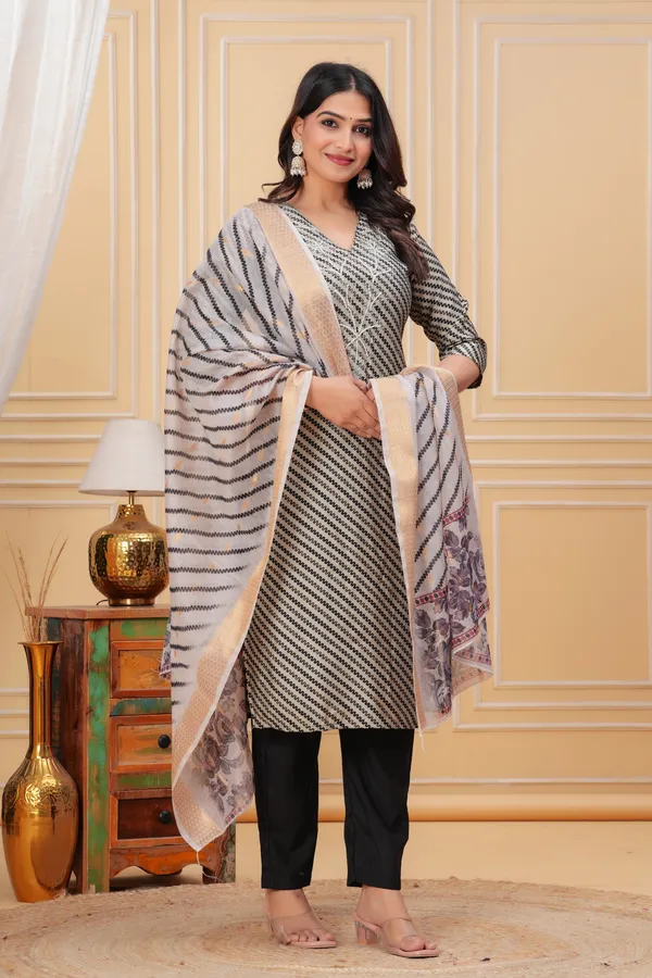 Elegant_Black_&_White_Striped_Kurta_Set_with_Floral_Dupatta