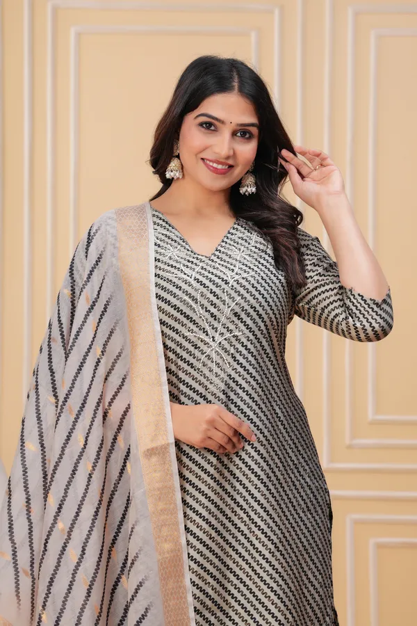 Elegant_Black_&_White_Striped_Kurta_Set_with_Floral_Dupatta