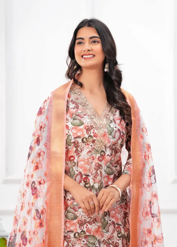 Peach_Blossom_Printed_Kurta_Set_with_Organza_Dupatta