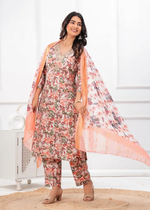 Peach_Blossom_Printed_Kurta_Set_with_Organza_Dupatta