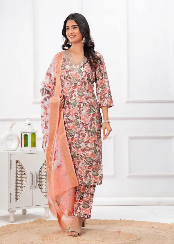 Peach_Blossom_Printed_Kurta_Set_with_Organza_Dupatta