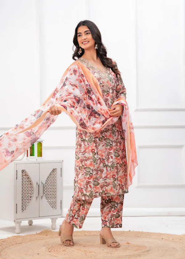 Peach_Blossom_Printed_Kurta_Set_with_Organza_Dupatta
