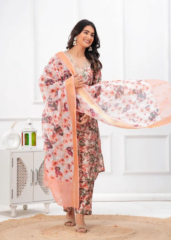 Peach_Blossom_Printed_Kurta_Set_with_Organza_Dupatta