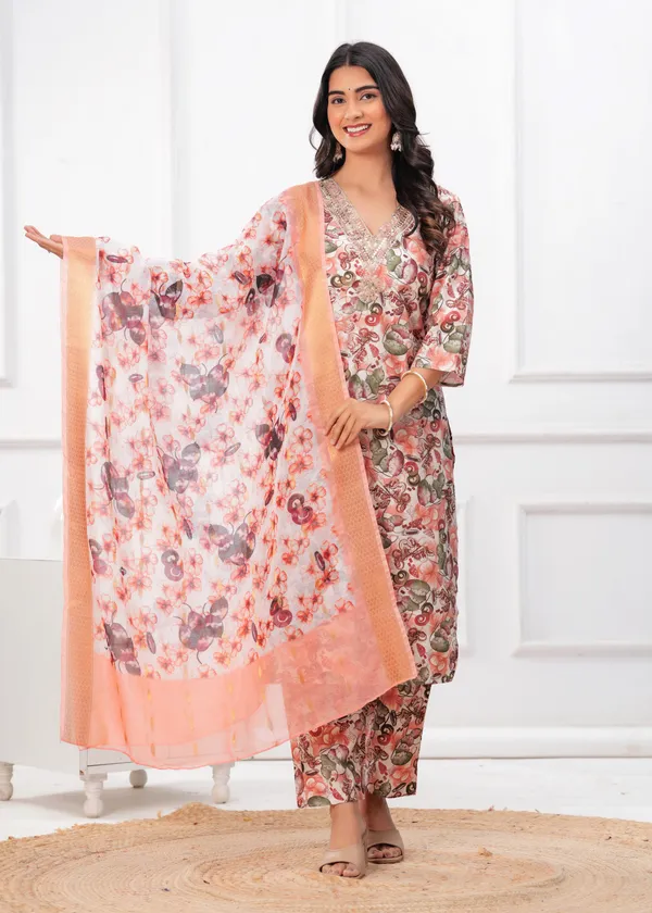 Peach_Blossom_Printed_Kurta_Set_with_Organza_Dupatta