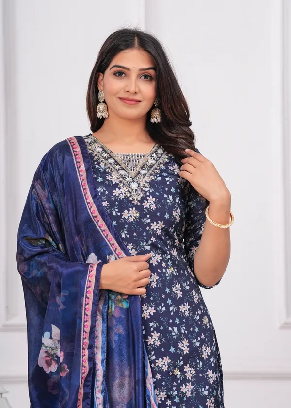 Navy_Blue_Chinon_V_Neck_3/4Th_Sleeves_Floral_Printed_Straight_Kurta,_Pant_Set_With_Dupatta