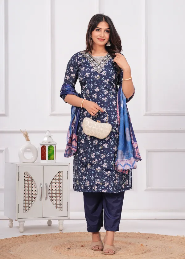 Navy_Blue_Chinon_V_Neck_3/4Th_Sleeves_Floral_Printed_Straight_Kurta,_Pant_Set_With_Dupatta