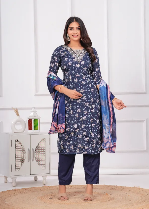 Navy_Blue_Chinon_V_Neck_3/4Th_Sleeves_Floral_Printed_Straight_Kurta,_Pant_Set_With_Dupatta