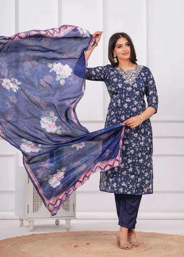 Navy_Blue_Chinon_V_Neck_3/4Th_Sleeves_Floral_Printed_Straight_Kurta,_Pant_Set_With_Dupatta
