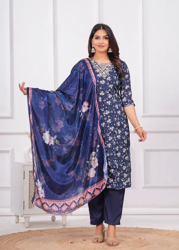 Navy_Blue_Chinon_V_Neck_3/4Th_Sleeves_Floral_Printed_Straight_Kurta,_Pant_Set_With_Dupatta