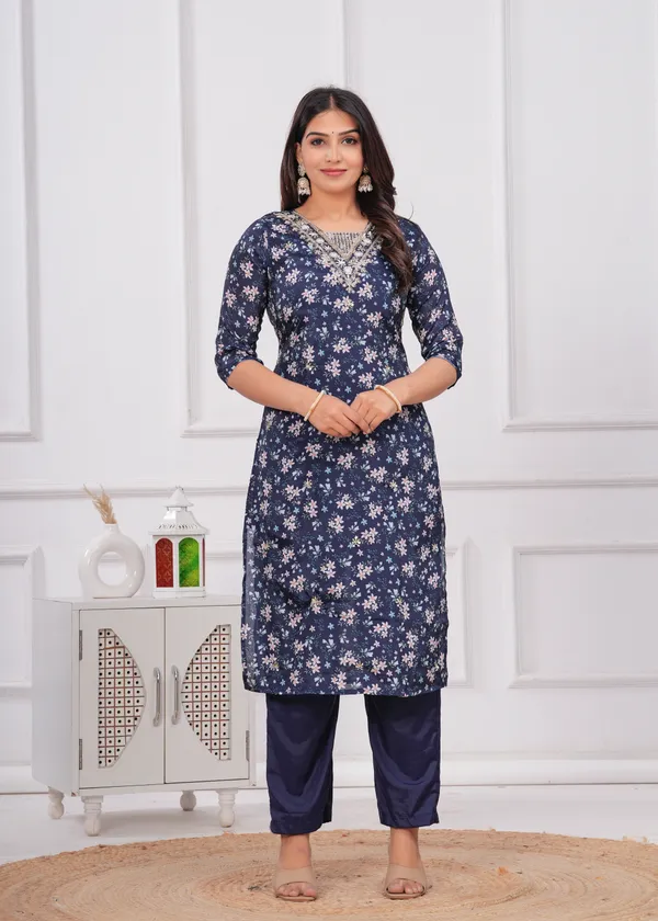 Navy_Blue_Chinon_V_Neck_3/4Th_Sleeves_Floral_Printed_Straight_Kurta,_Pant_Set_With_Dupatta
