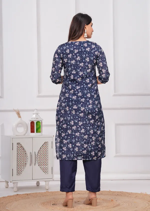Navy_Blue_Chinon_V_Neck_3/4Th_Sleeves_Floral_Printed_Straight_Kurta,_Pant_Set_With_Dupatta