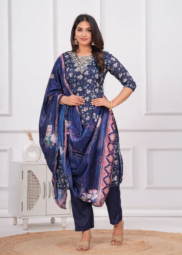 Navy_Blue_Chinon_V_Neck_3/4Th_Sleeves_Floral_Printed_Straight_Kurta,_Pant_Set_With_Dupatta