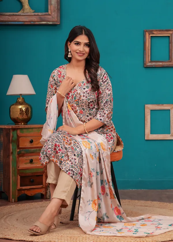 Cream_Chinon_V_Neck_3/4Th_Sleeves_Floral_Printed_Straight_Kurta,_Pant_Set_With_Dupatta