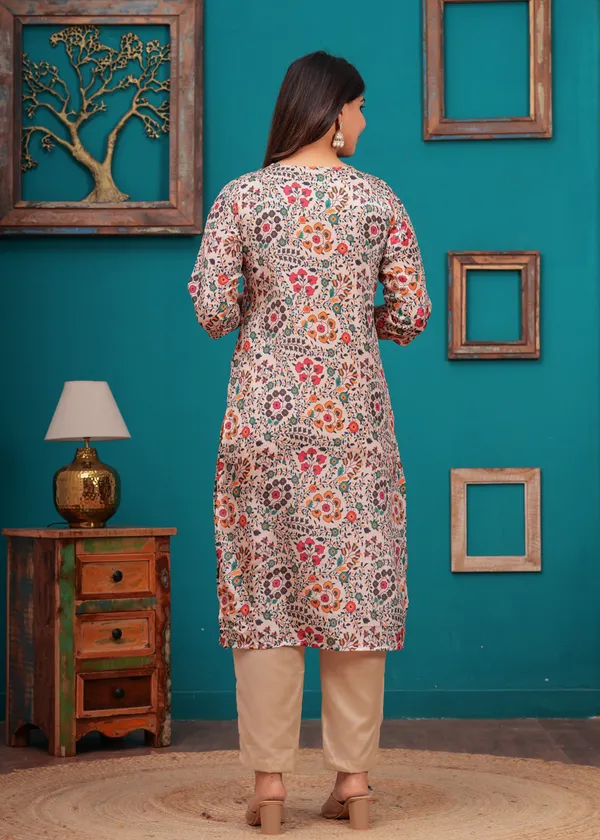 Cream_Chinon_V_Neck_3/4Th_Sleeves_Floral_Printed_Straight_Kurta,_Pant_Set_With_Dupatta