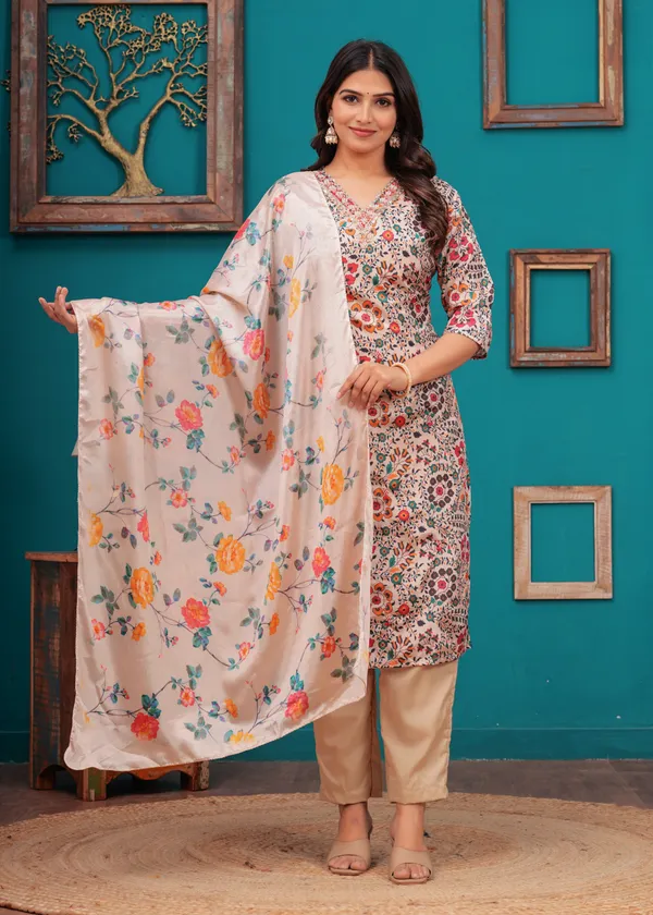 Cream_Chinon_V_Neck_3/4Th_Sleeves_Floral_Printed_Straight_Kurta,_Pant_Set_With_Dupatta