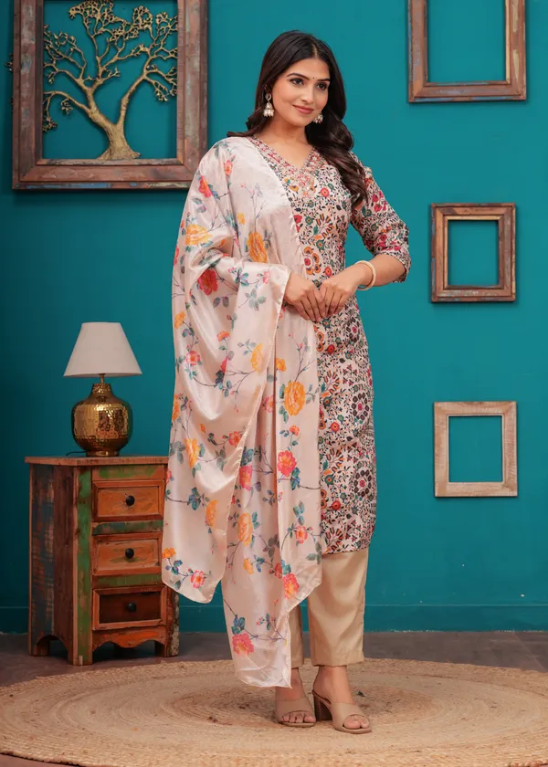 Cream_Chinon_V_Neck_3/4Th_Sleeves_Floral_Printed_Straight_Kurta,_Pant_Set_With_Dupatta