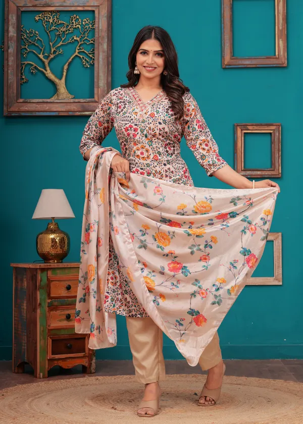 Cream_Chinon_V_Neck_3/4Th_Sleeves_Floral_Printed_Straight_Kurta,_Pant_Set_With_Dupatta