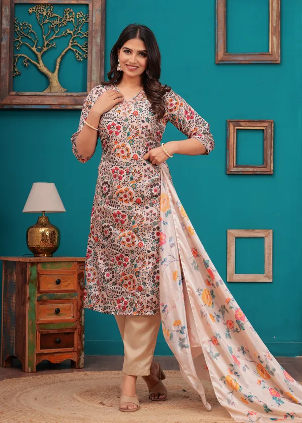 Cream_Chinon_V_Neck_3/4Th_Sleeves_Floral_Printed_Straight_Kurta,_Pant_Set_With_Dupatta