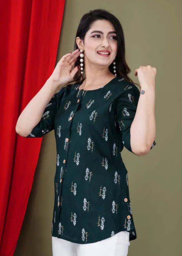 Casual_Roll_Up_Sleeves_Printed_Women_Dark_Green_Top