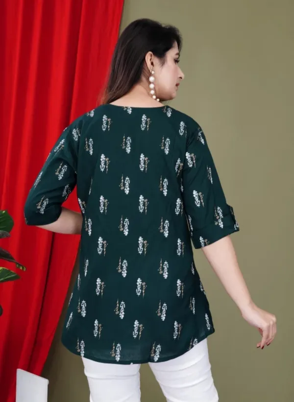 Casual_Roll_Up_Sleeves_Printed_Women_Dark_Green_Top