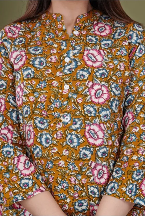 Mustard_Rayon_Mandarin_Collar_3/4Th_Sleeves_Floral_Printed_Top_&_Pant_Co-Ord_Set