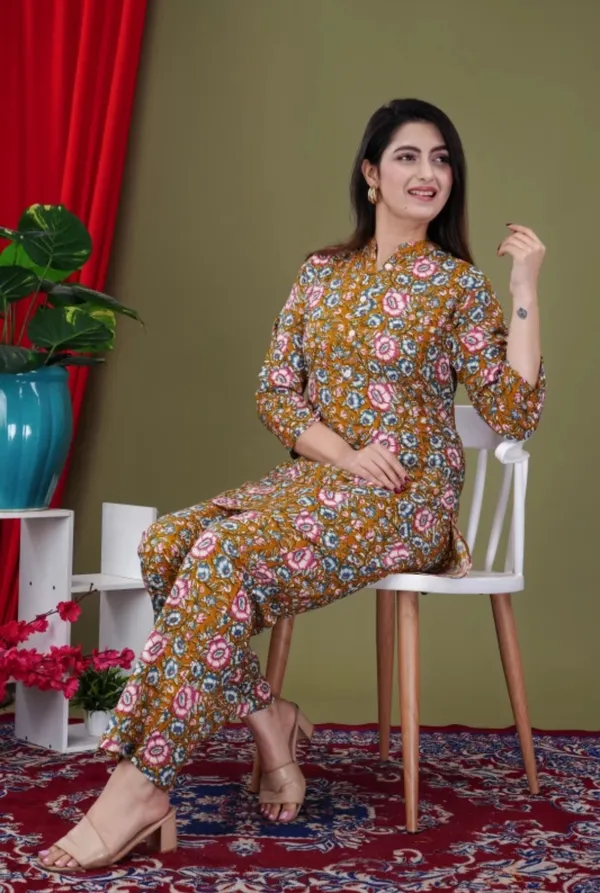 Mustard_Rayon_Mandarin_Collar_3/4Th_Sleeves_Floral_Printed_Top_&_Pant_Co-Ord_Set