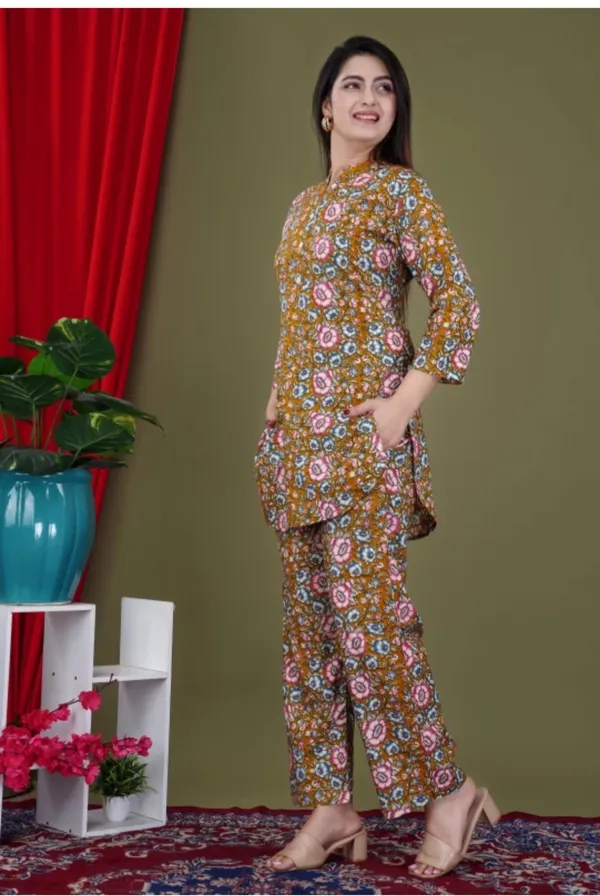 Mustard_Rayon_Mandarin_Collar_3/4Th_Sleeves_Floral_Printed_Top_&_Pant_Co-Ord_Set