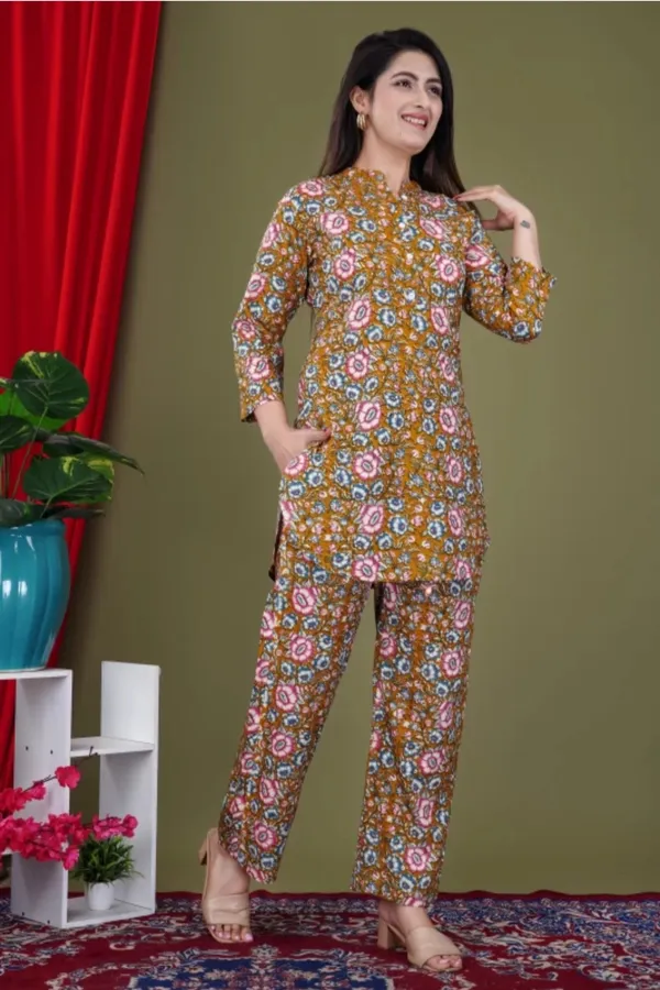 Mustard_Rayon_Mandarin_Collar_3/4Th_Sleeves_Floral_Printed_Top_&_Pant_Co-Ord_Set