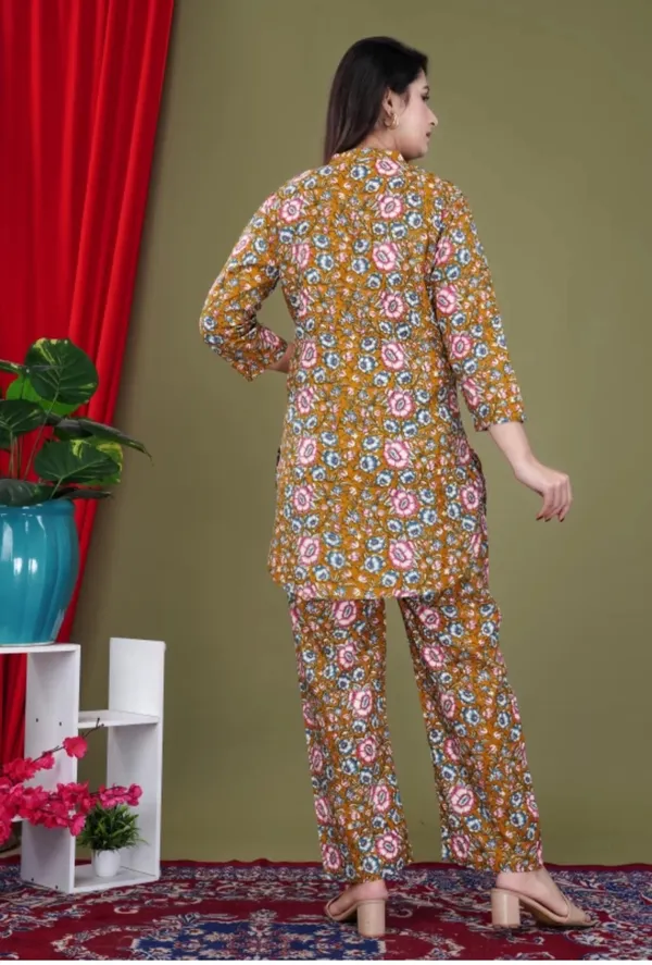 Mustard_Rayon_Mandarin_Collar_3/4Th_Sleeves_Floral_Printed_Top_&_Pant_Co-Ord_Set
