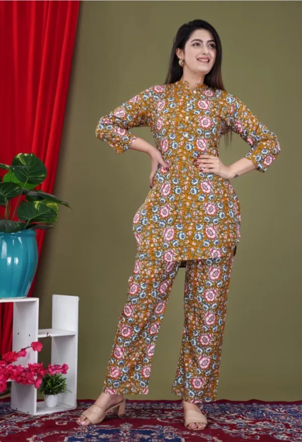 Mustard_Rayon_Mandarin_Collar_3/4Th_Sleeves_Floral_Printed_Top_&_Pant_Co-Ord_Set