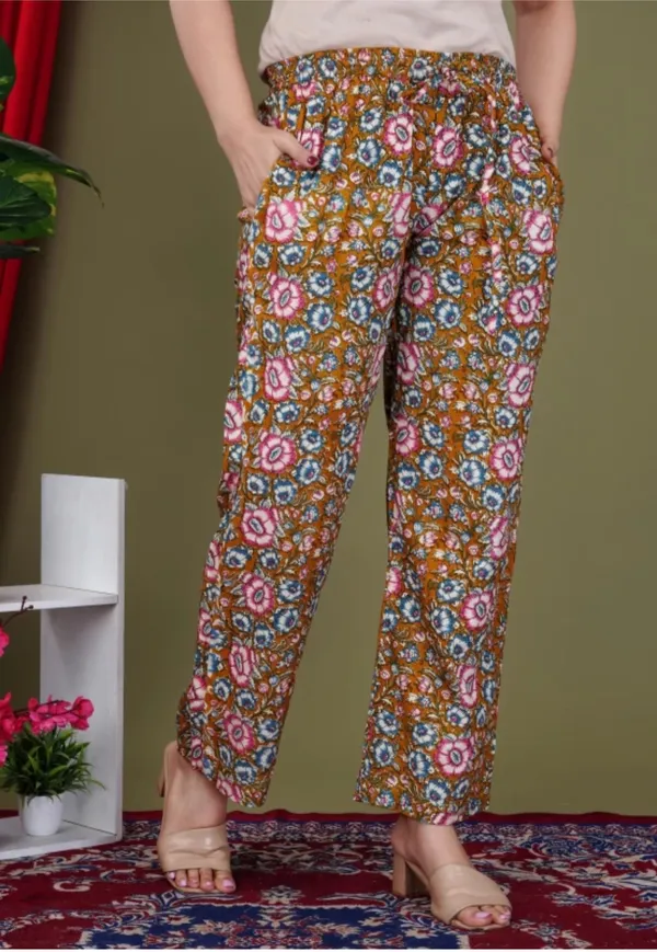 Mustard_Rayon_Mandarin_Collar_3/4Th_Sleeves_Floral_Printed_Top_&_Pant_Co-Ord_Set