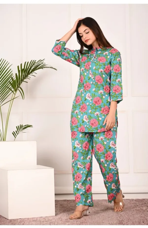 Light_Blue_Rayon_Mandarin_Collar_3/4Th_Sleeves_Floral_Printed_Top_&_Pant_Co-Ord_Set