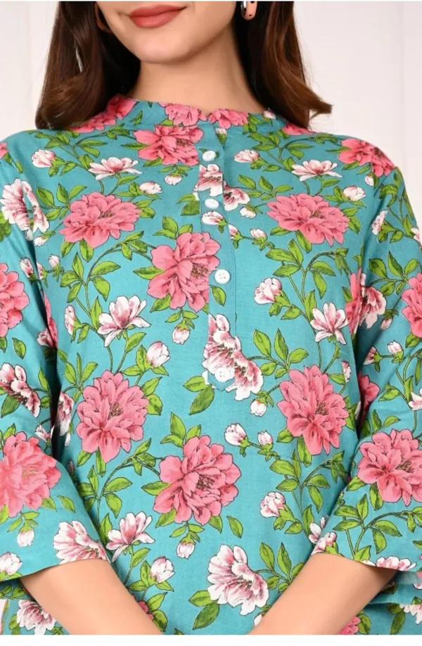 Light_Blue_Rayon_Mandarin_Collar_3/4Th_Sleeves_Floral_Printed_Top_&_Pant_Co-Ord_Set
