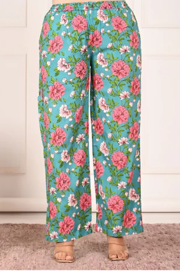 Light_Blue_Rayon_Mandarin_Collar_3/4Th_Sleeves_Floral_Printed_Top_&_Pant_Co-Ord_Set