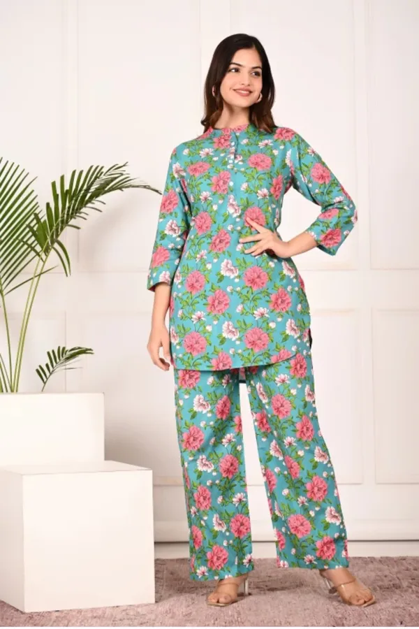 Light_Blue_Rayon_Mandarin_Collar_3/4Th_Sleeves_Floral_Printed_Top_&_Pant_Co-Ord_Set