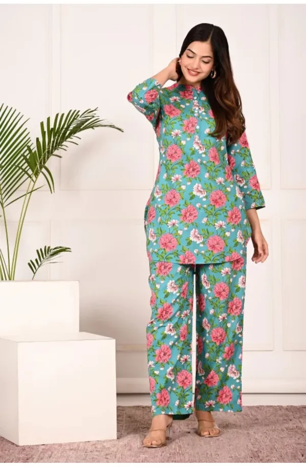 Light_Blue_Rayon_Mandarin_Collar_3/4Th_Sleeves_Floral_Printed_Top_&_Pant_Co-Ord_Set
