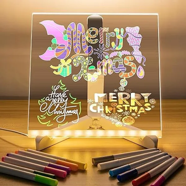 3D_Acrylic_Writing_Board_with_Pen_&_Light,_LED,_Rewritable_Acrylic_Message_board_with_stand,_Dry_Erase_Board_with_14_Pen_for_Note/Message/Memo_for_Home,_Offices(15cm_X_15cm_Medium)