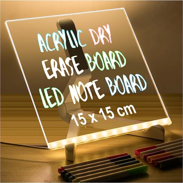 3D_Acrylic_Writing_Board_with_Pen_&_Light,_LED,_Rewritable_Acrylic_Message_board_with_stand,_Dry_Erase_Board_with_14_Pen_for_Note/Message/Memo_for_Home,_Offices(15cm_X_15cm_Medium)