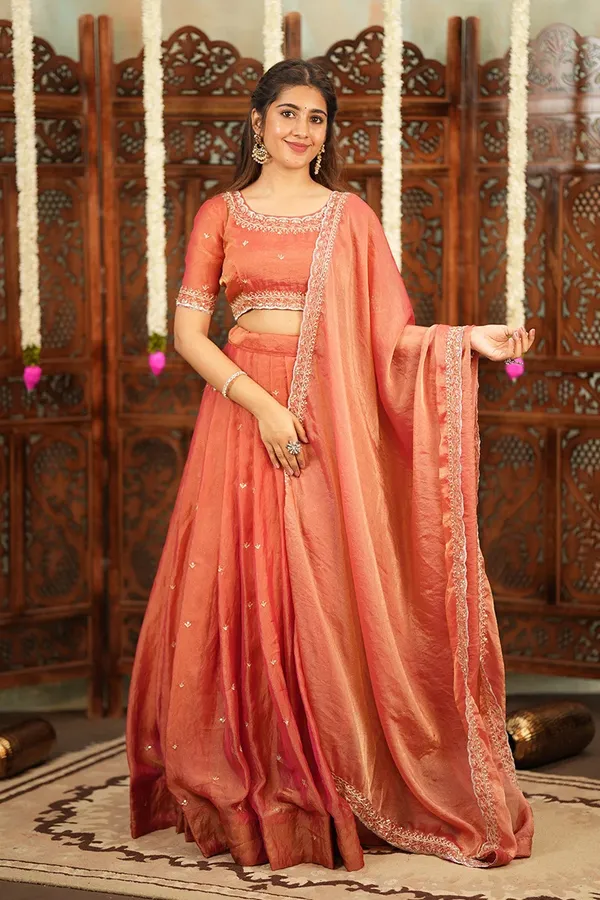 Peach_Coral_Embroidered_Half_Saree_Lehenga_Set_with_Designer_Blouse,_Golden_Booti_Work_&_Elegant_Border_Detail