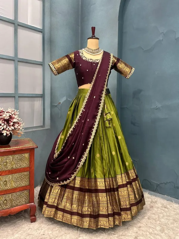 Traditional_OliveGreen_and_Purple_Silk_Half_Saree_with_Zari_Woven_Border