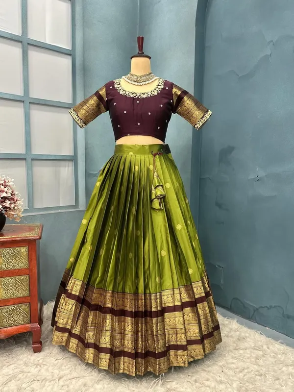 Traditional_OliveGreen_and_Purple_Silk_Half_Saree_with_Zari_Woven_Border