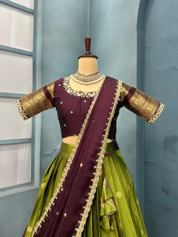 Traditional_OliveGreen_and_Purple_Silk_Half_Saree_with_Zari_Woven_Border