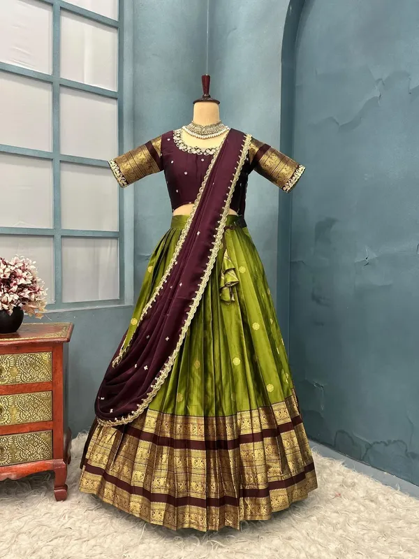 Traditional_OliveGreen_and_Purple_Silk_Half_Saree_with_Zari_Woven_Border