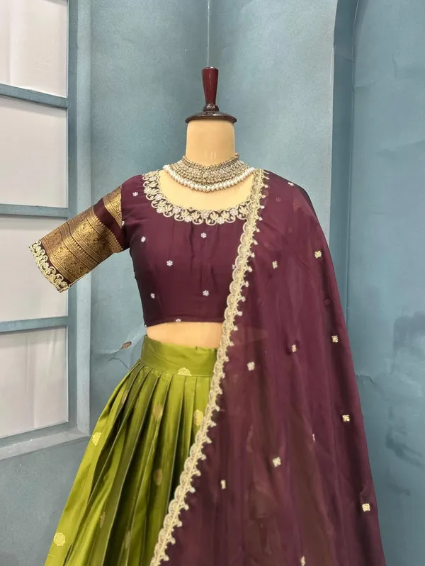 Traditional_OliveGreen_and_Purple_Silk_Half_Saree_with_Zari_Woven_Border