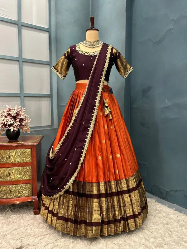 Traditional_Orange_and_Purple_Silk_Half_Saree_with_Zari_Woven_Border