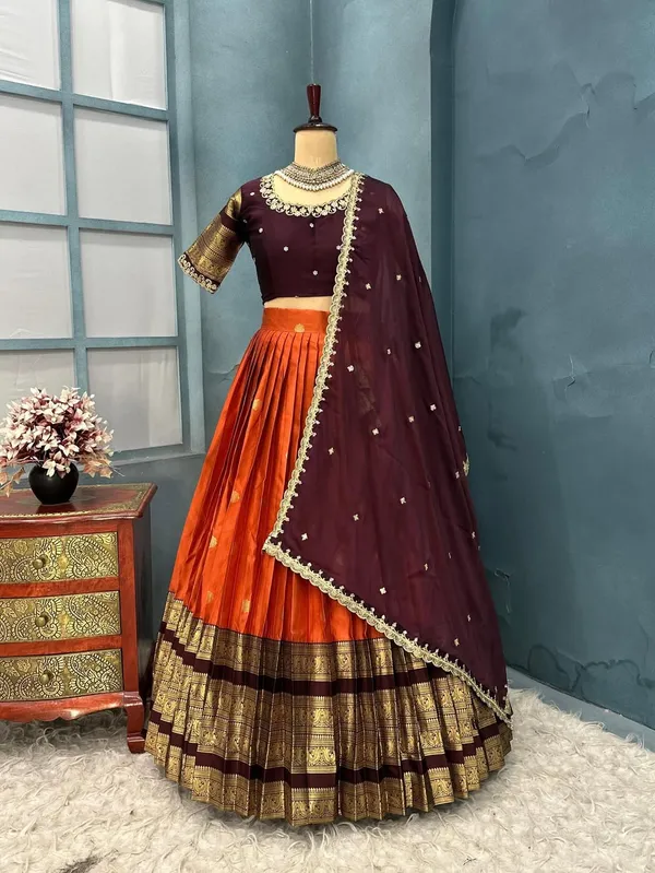 Traditional_Orange_and_Purple_Silk_Half_Saree_with_Zari_Woven_Border