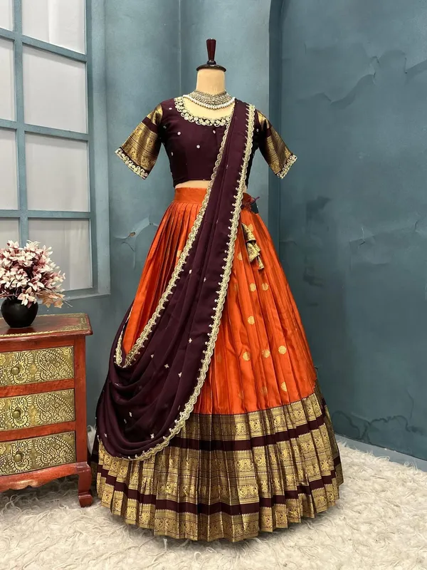 Traditional_Orange_and_Purple_Silk_Half_Saree_with_Zari_Woven_Border