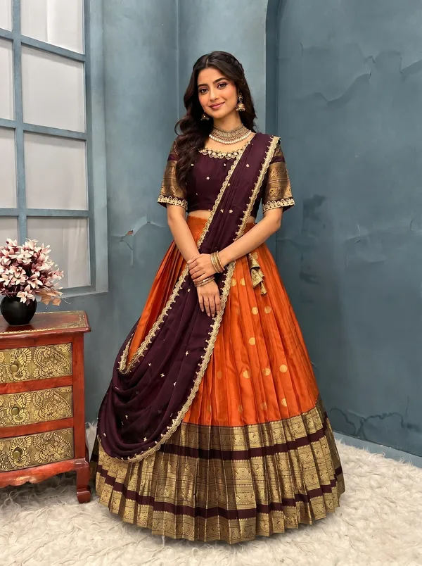 Traditional_Orange_and_Purple_Silk_Half_Saree_with_Zari_Woven_Border