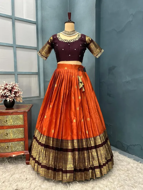 Traditional_Orange_and_Purple_Silk_Half_Saree_with_Zari_Woven_Border